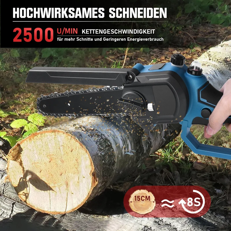 XIIW Akku Mini-Kettensäge 6 & 8 Zoll, bürstenlos, 12 m/s, 2×2,0 Ah Akku, Kettenschmierung, 4 Ketten, Koffer