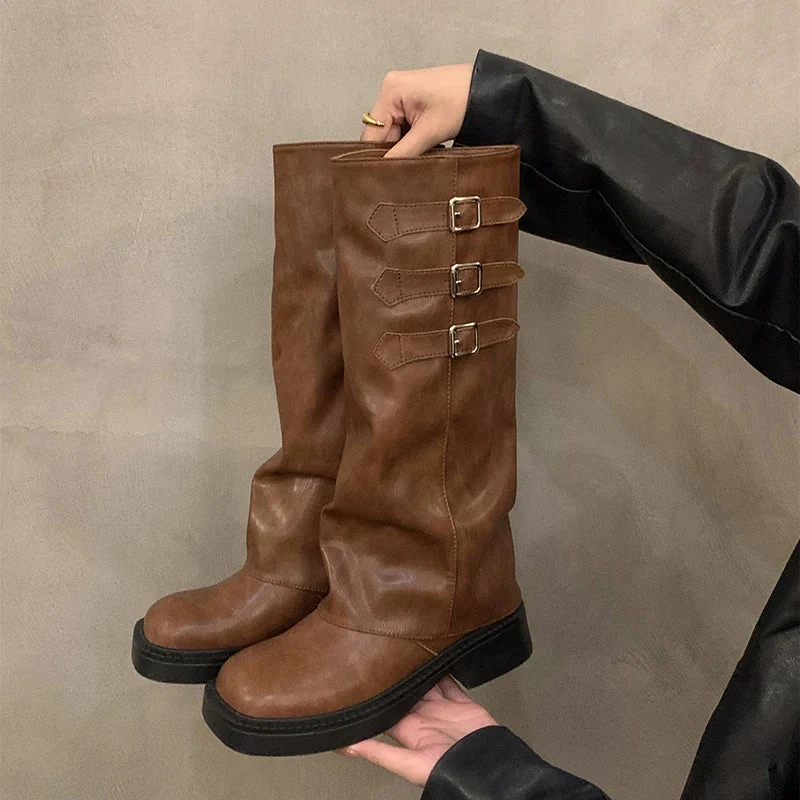 Skanto | Retro-Stil Kniehohe Stiefel Damen Mode Slip-On Ritter-Langstiefel Herbst Winter Damenschuhe
