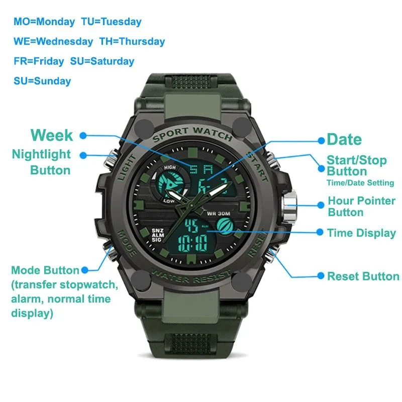 Skanto | Sportliche Multifunktions-Herrenarmbanduhr mit Dual-Display-Modus, wasserdicht und leuchtend