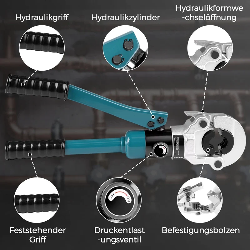 XIIW Hydraulische Rohrpresszange 100kN | Presszange für Verbundrohr & Kupfer | TH 16-32 & V 12-28 Kontur | Profi Presswerkzeug-Set