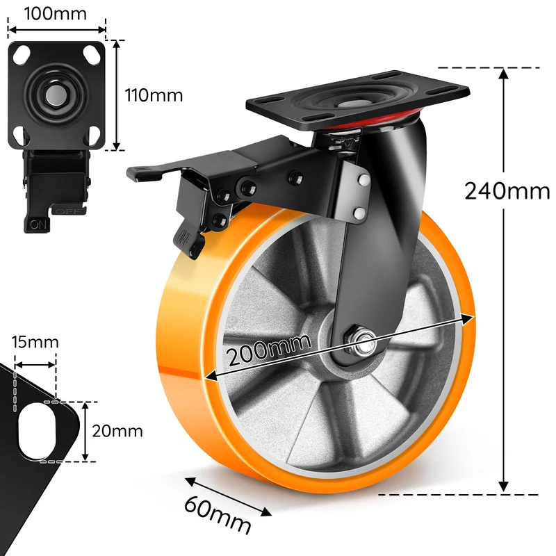 2×200mm Schwerlast-Lenkrollen mit Bremse – Extrem belastbar & leise für Werkstatt, Garage & Maschinen