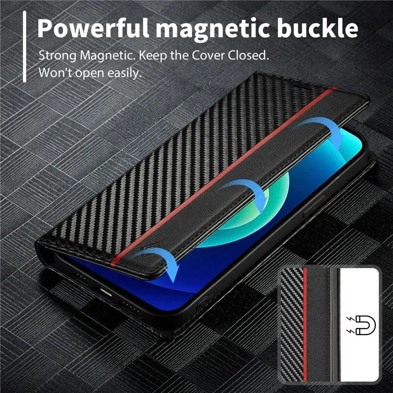 Skanto | S23 Handyhülle | Carbonfaser-Leder-Wallet mit Magnetverschluss