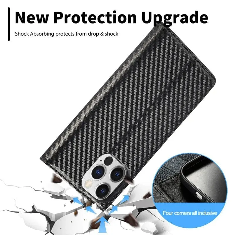 Skanto | S23 Handyhülle | Carbonfaser-Leder-Wallet mit Magnetverschluss