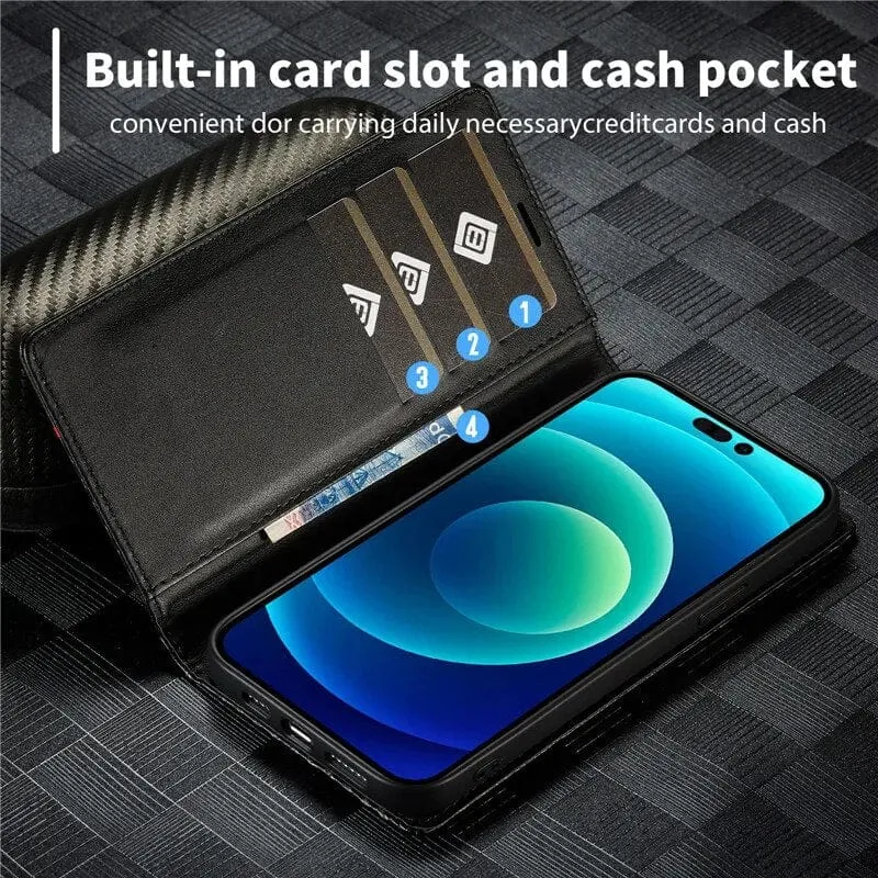Skanto | S23 Handyhülle | Carbonfaser-Leder-Wallet mit Magnetverschluss