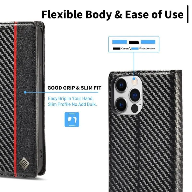 Skanto | S23 Handyhülle | Carbonfaser-Leder-Wallet mit Magnetverschluss