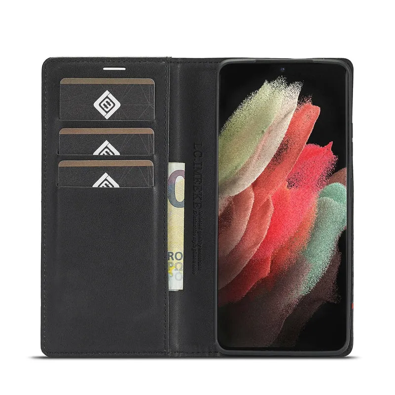 Skanto | S23 Handyhülle | Carbonfaser-Leder-Wallet mit Magnetverschluss
