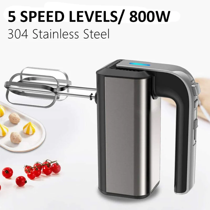 XIIW Elektrischer Handmixer 800W Edelstahl | 5 Geschwindigkeiten Handrührgerät mit Auswurftaste | 800 Watt Schneebesen & Knethaken Set