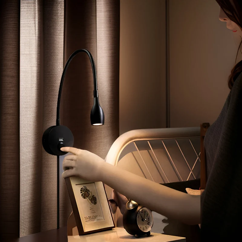 Skanto | TouchGlow - 2-in-1 Schwanenhals-Wandlampe mit USB-Ladegerät für gemütliche Leseabende