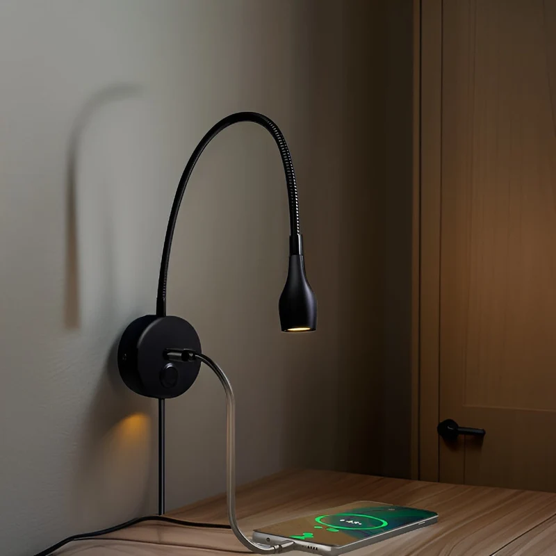 Skanto | TouchGlow - 2-in-1 Schwanenhals-Wandlampe mit USB-Ladegerät für gemütliche Leseabende