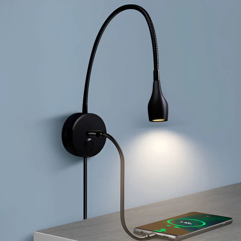 Skanto | TouchGlow - 2-in-1 Schwanenhals-Wandlampe mit USB-Ladegerät für gemütliche Leseabende
