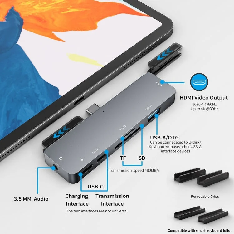 Skanto | Für iPad Pro 7-in-1 HDMI 4K + 3,5 mm Audio + SD/TF + 1 USB 3.0 + USB-C/Type-C + PD USB-C Dockingstation
