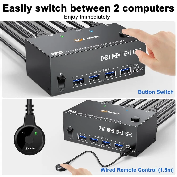Skanto | KC-KVM203DH 8K 30Hz USB3.0 DP+DP+HDMI Triple Monitors KVM Switch, AU Stecker