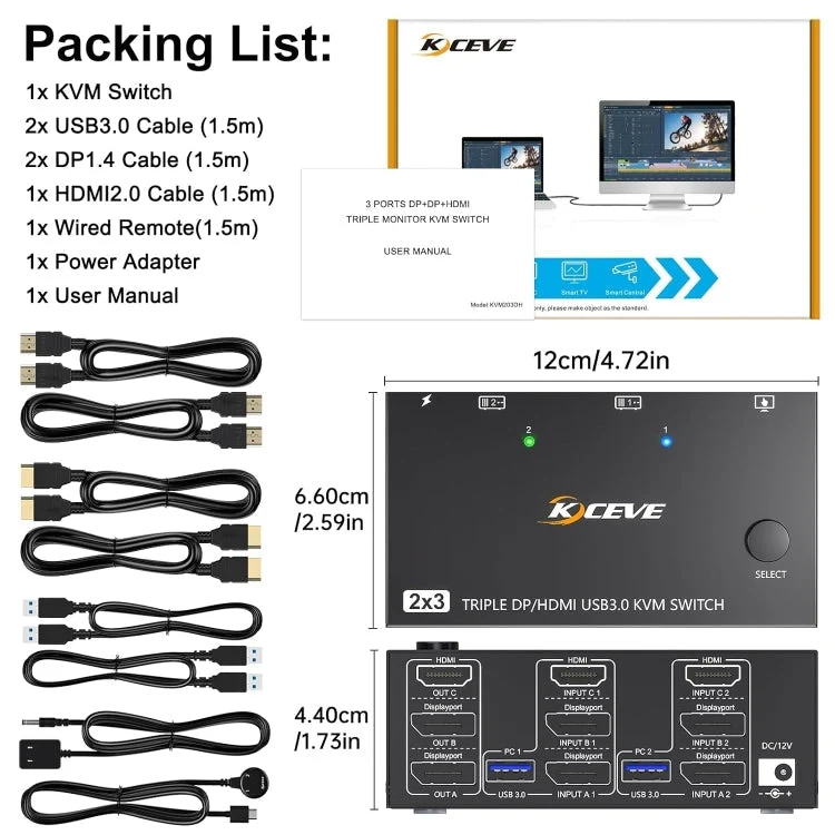 Skanto | KC-KVM203DH 8K 30Hz USB3.0 DP+DP+HDMI Triple Monitors KVM Switch, AU Stecker