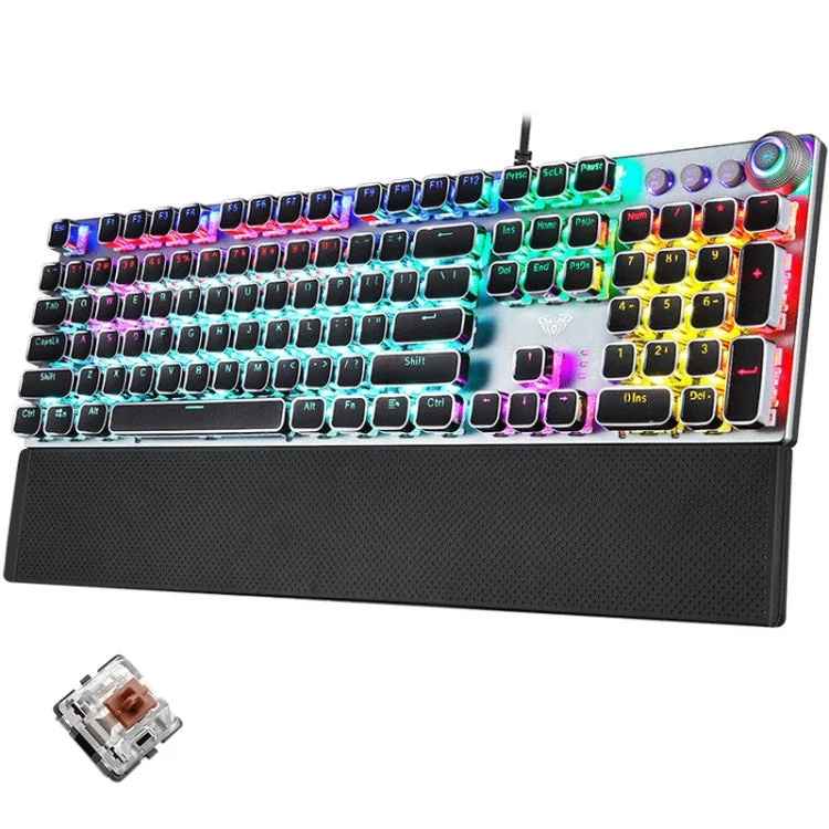 Skanto | AULA F2088 108 Tasten Gemischtlicht Mechanische Brown Switch Kabelgebundene USB Gaming-Tastatur mit Metall-Tastenkappe (Silber)
