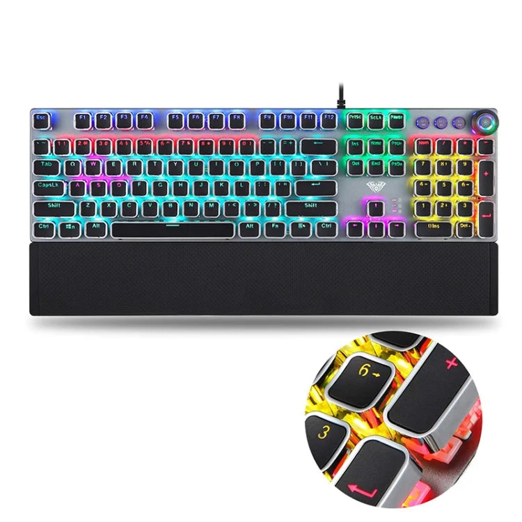 Skanto | AULA F2088 108 Tasten Gemischtlicht Mechanische Brown Switch Kabelgebundene USB Gaming-Tastatur mit Metall-Tastenkappe (Silber)