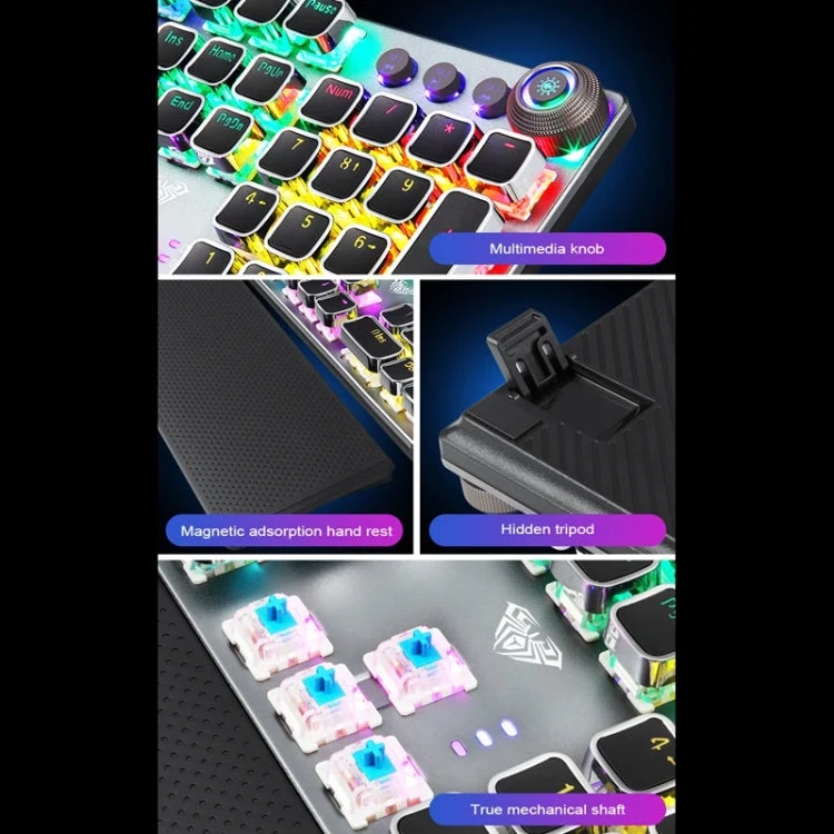 Skanto | AULA F2088 108 Tasten Gemischtlicht Mechanische Brown Switch Kabelgebundene USB Gaming-Tastatur mit Metall-Tastenkappe (Silber)