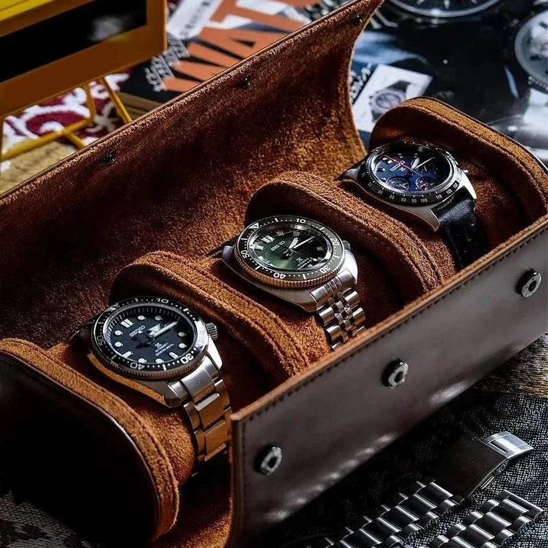 Skanto | Vintage Leder Uhrenbox mit 3 Fächern für Herren auf Reisen