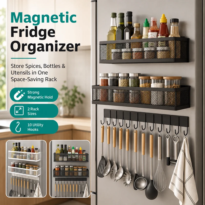 MagnaShelf™ | 2er-Set Magnetische Gewürzregale mit 12 Haken