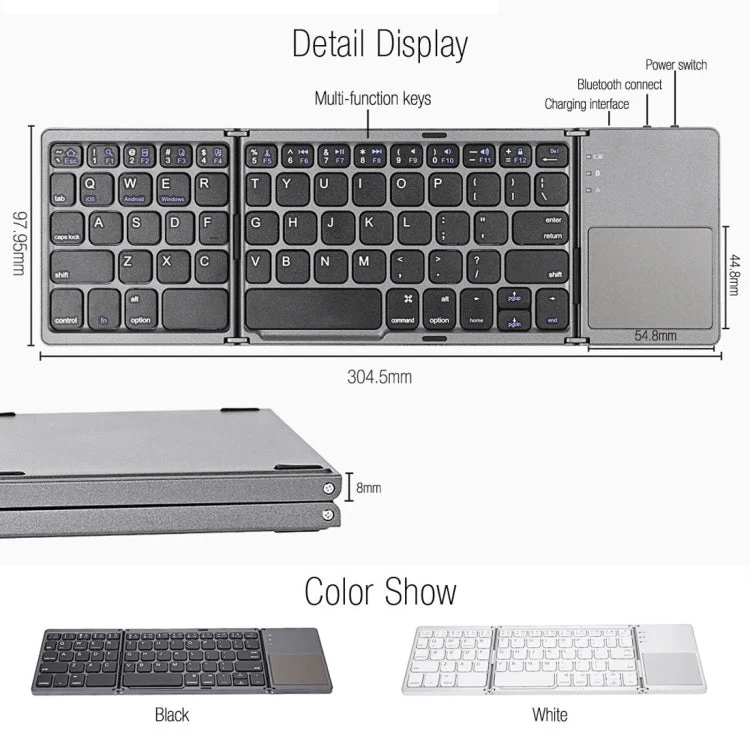 Skanto | B033 Wiederaufladbare 3-fach faltbare 64-Tasten Bluetooth Wireless Tastatur mit Touchpad (Silber)