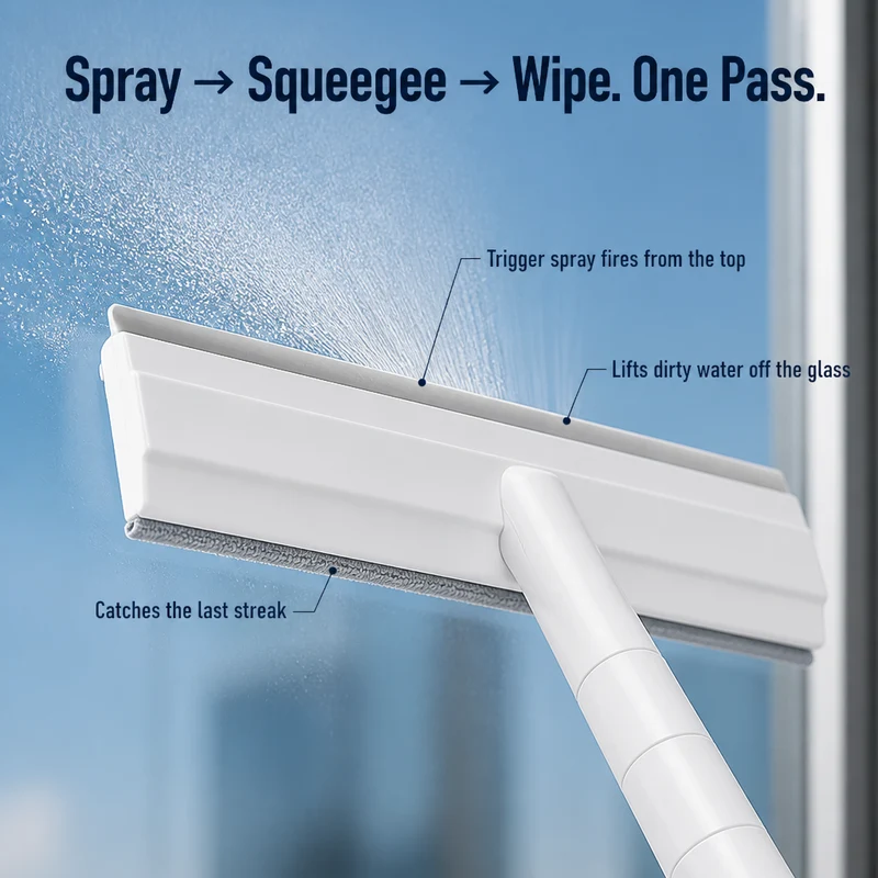 CrystalClean™ | Fensterwischer mit Sprühfunktion & Teleskopstiel
