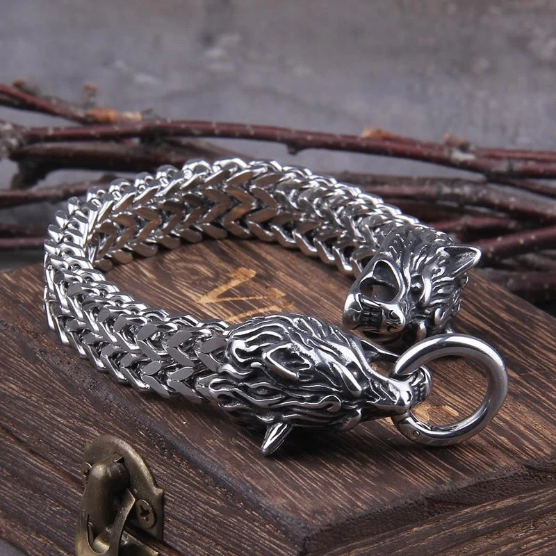 Skanto | Wikinger-Armband aus Edelstahl mit doppeltem Wolfskopf Fenrir