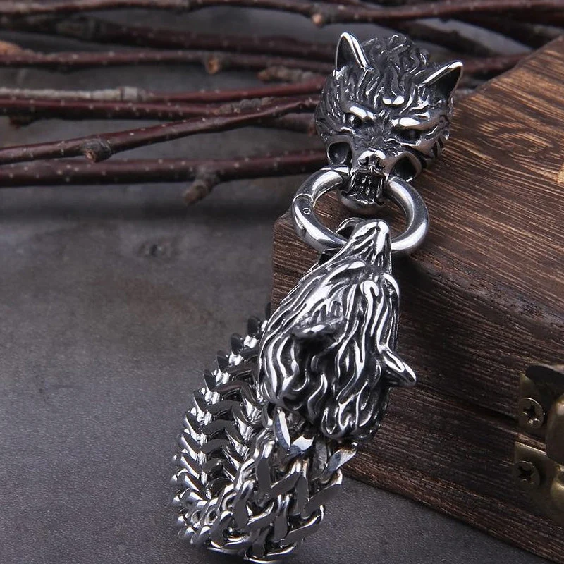 Skanto | Wikinger-Armband aus Edelstahl mit doppeltem Wolfskopf Fenrir