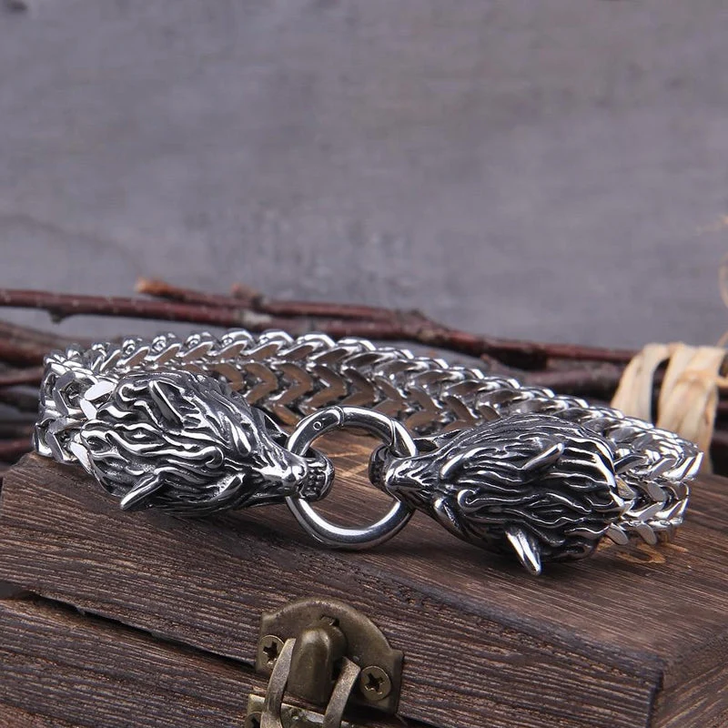 Skanto | Wikinger-Armband aus Edelstahl mit doppeltem Wolfskopf Fenrir