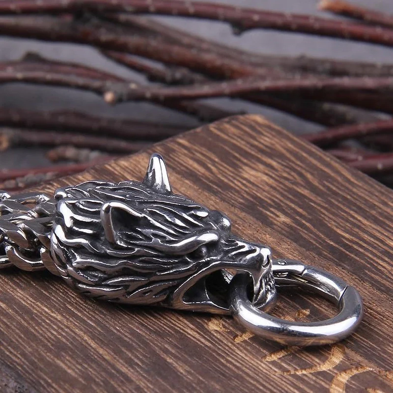 Skanto | Wikinger-Armband aus Edelstahl mit doppeltem Wolfskopf Fenrir