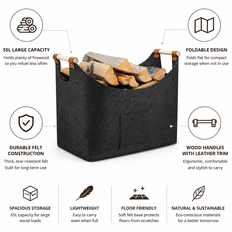 FireCarry™ | Faltbarer Filz-Holzkorb (55 L)