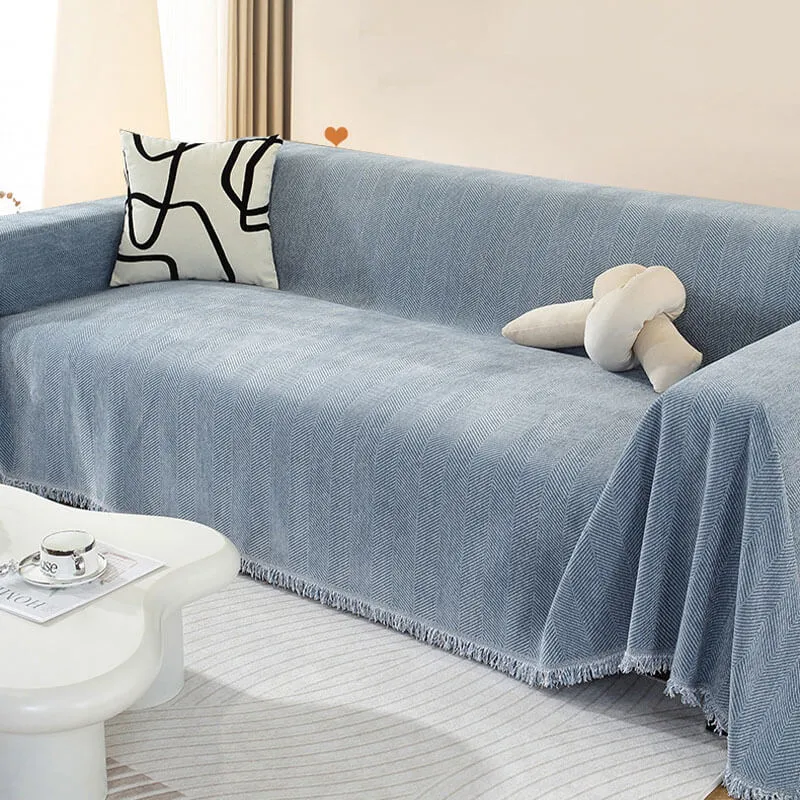Skanto | Chenille-Überwurf mit Fischgrätmuster und Quasten für Sofas