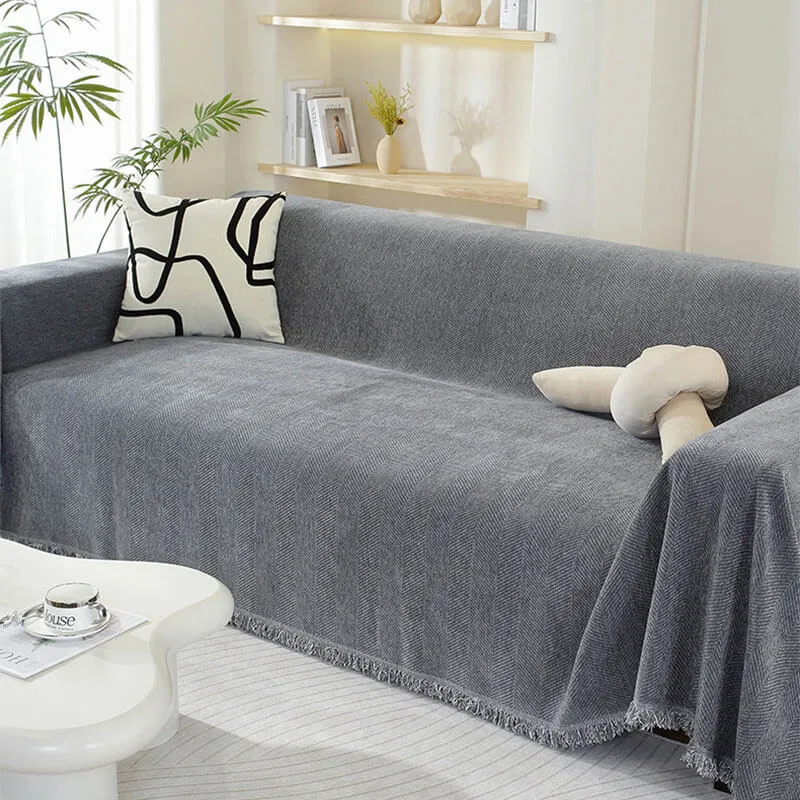 Skanto | Chenille-Überwurf mit Fischgrätmuster und Quasten für Sofas