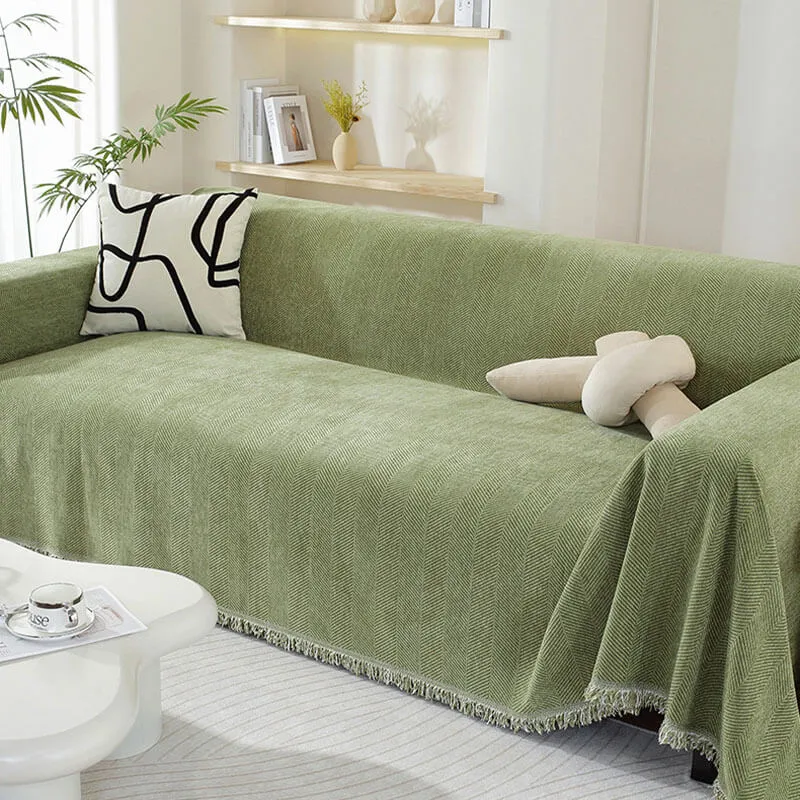 Skanto | Chenille-Überwurf mit Fischgrätmuster und Quasten für Sofas