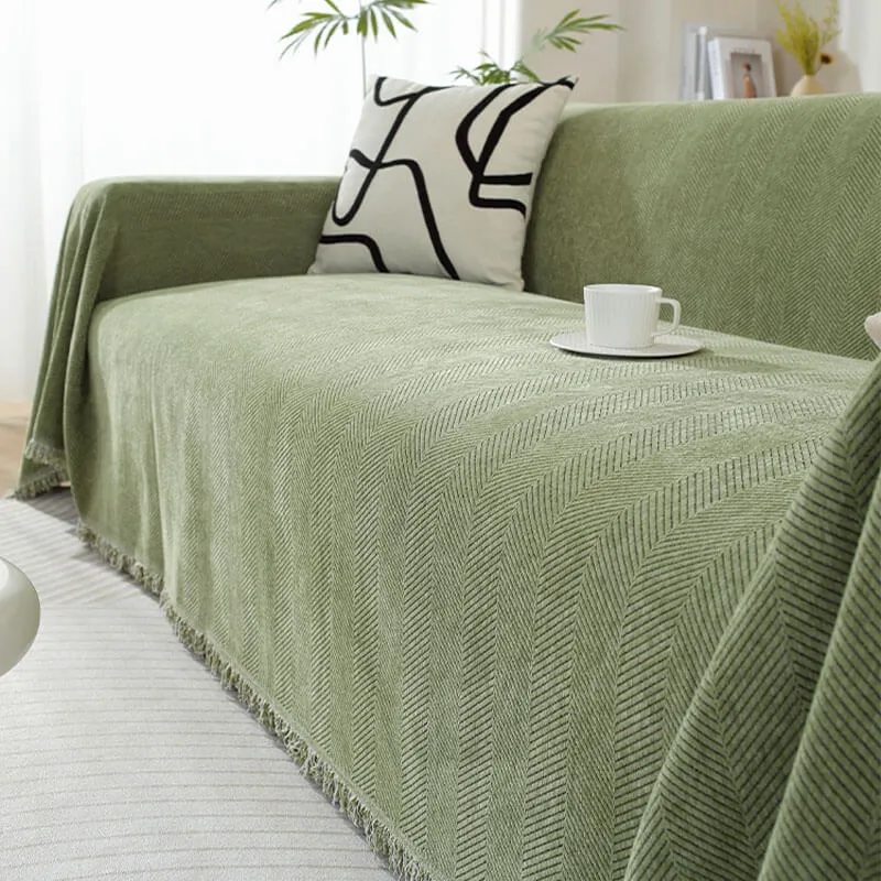 Skanto | Chenille-Überwurf mit Fischgrätmuster und Quasten für Sofas