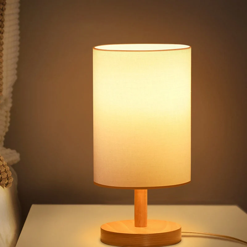 Skanto | Traditionelle japanische Zylinder-Holz-Stoff-1-Licht-Tischlampe für das Wohnzimmer