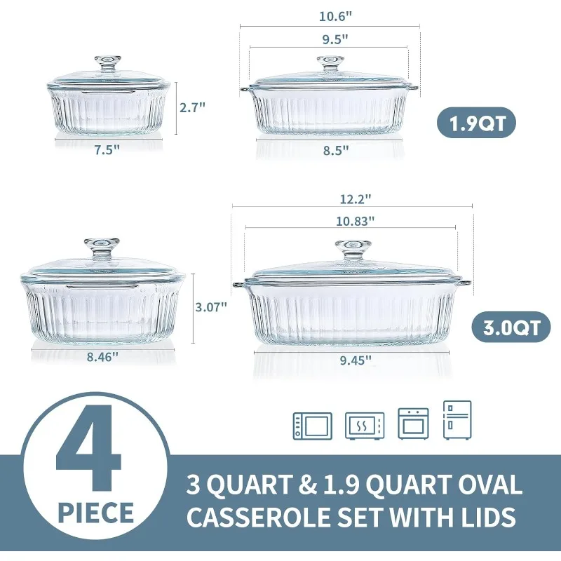 Skanto | 4-teiliges Glas-Backformen-Set mit 2 Auflaufformen mit Glasdeckeln, 1.9 Qt und 3 Qt