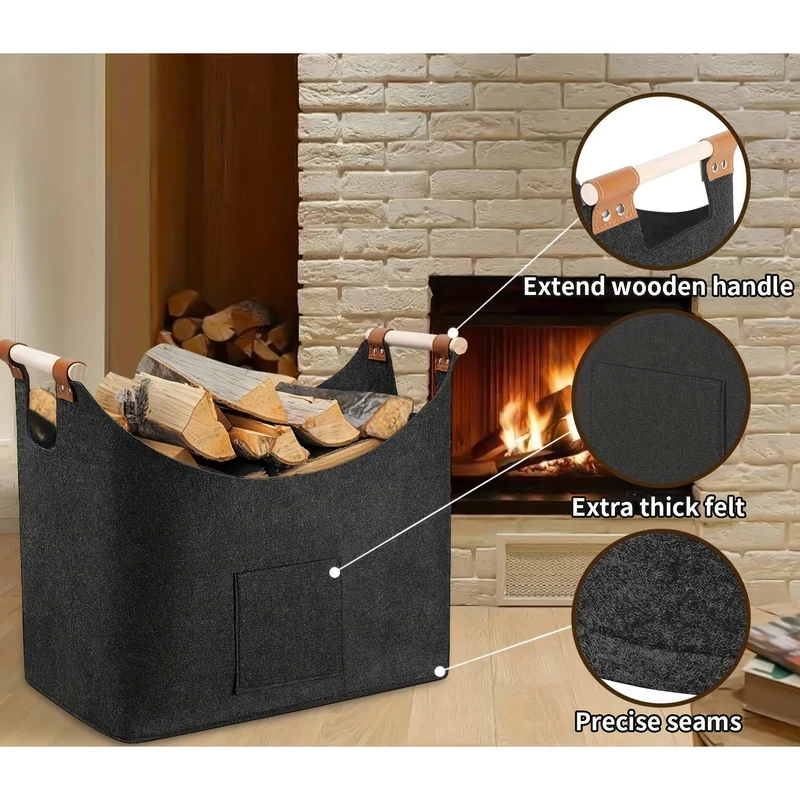 HearthNest™ | Filz-Kaminholzkorb faltbar, 55L mit Holzgriffen