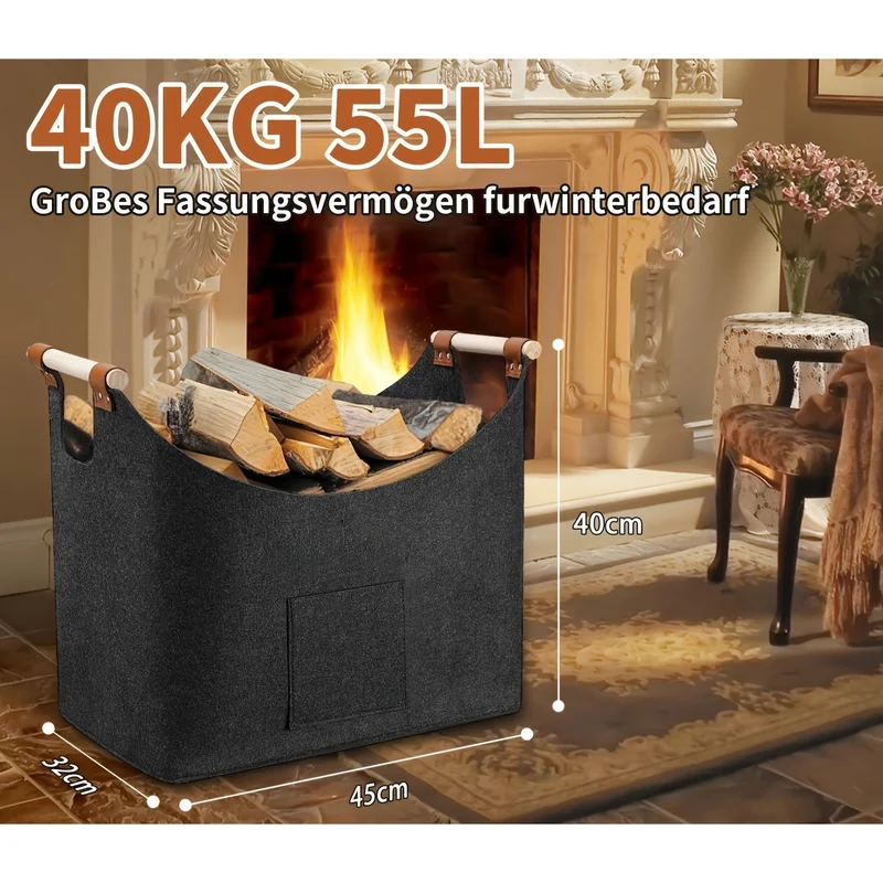 HearthNest™ | Filz-Kaminholzkorb faltbar, 55L mit Holzgriffen
