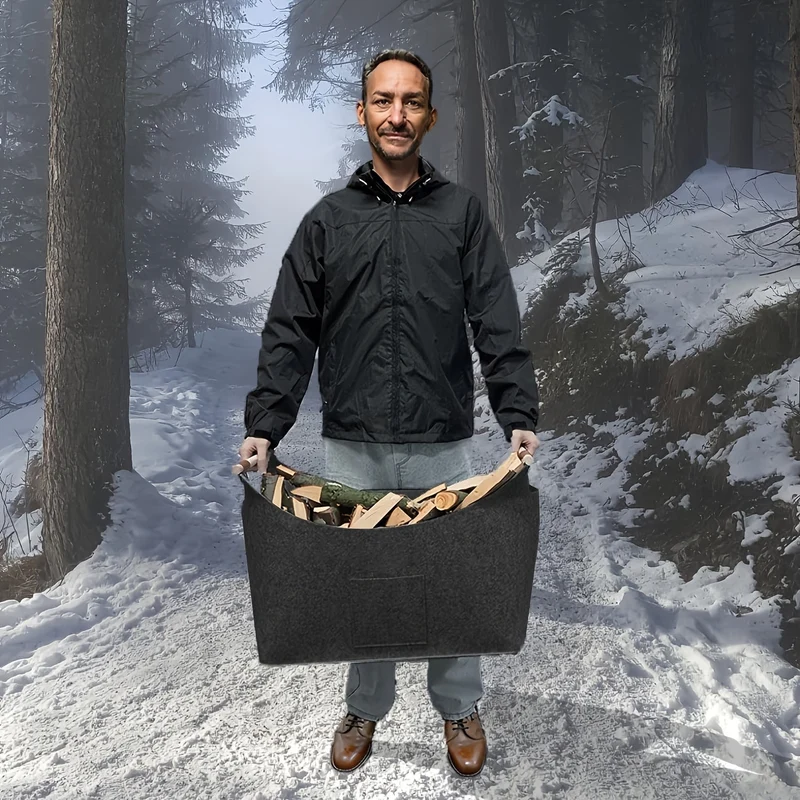 HearthNest™ | Filz-Kaminholzkorb faltbar, 55L mit Holzgriffen