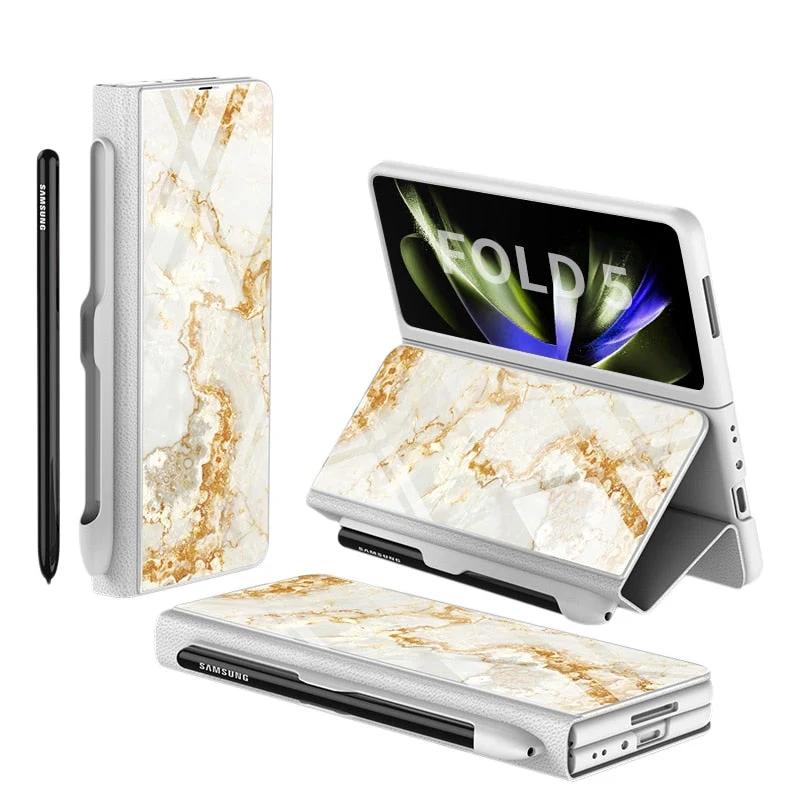 Skanto | Stoßfeste Armor Case Glasabdeckung Ständer Kartenfach Lederhülle für Samsung Galaxy Z Fold 5/4