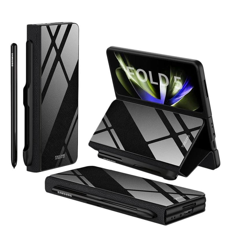 Skanto | Stoßfeste Armor Case Glasabdeckung Ständer Kartenfach Lederhülle für Samsung Galaxy Z Fold 5/4