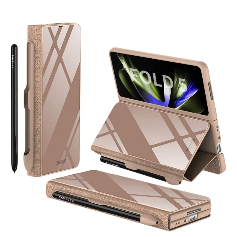 Skanto | Stoßfeste Armor Case Glasabdeckung Ständer Kartenfach Lederhülle für Samsung Galaxy Z Fold 5/4