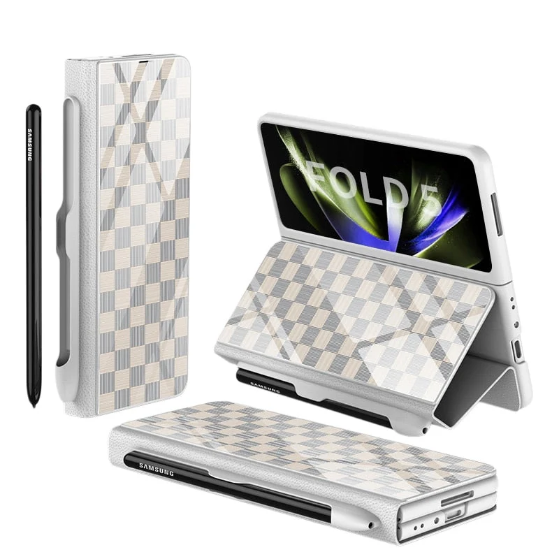 Skanto | Stoßfeste Armor Case Glasabdeckung Ständer Kartenfach Lederhülle für Samsung Galaxy Z Fold 5/4