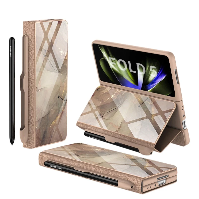 Skanto | Stoßfeste Armor Case Glasabdeckung Ständer Kartenfach Lederhülle für Samsung Galaxy Z Fold 5/4