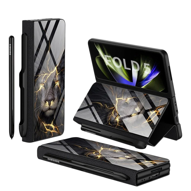 Skanto | Stoßfeste Armor Case Glasabdeckung Ständer Kartenfach Lederhülle für Samsung Galaxy Z Fold 5/4