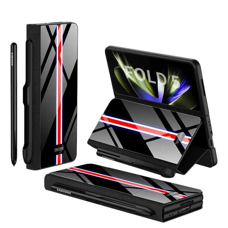 Skanto | Stoßfeste Armor Case Glasabdeckung Ständer Kartenfach Lederhülle für Samsung Galaxy Z Fold 5/4