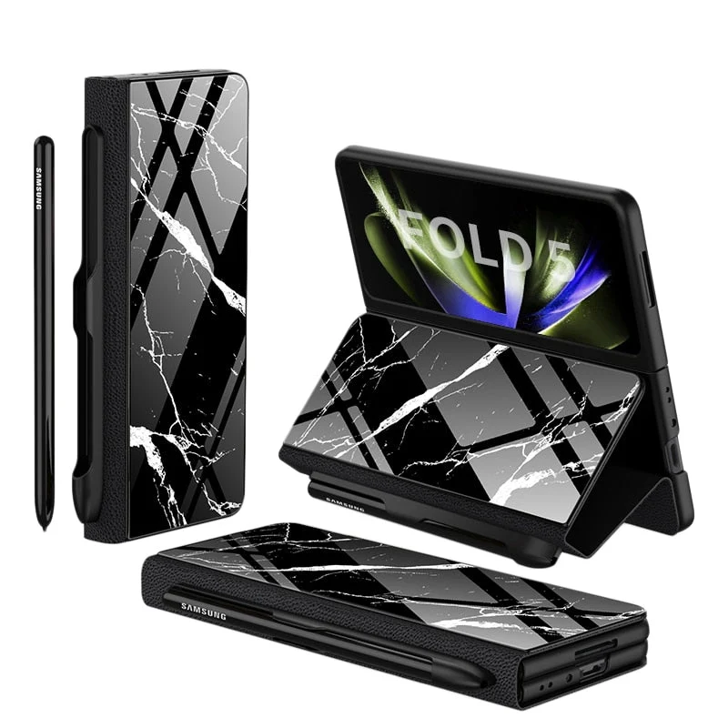 Skanto | Stoßfeste Armor Case Glasabdeckung Ständer Kartenfach Lederhülle für Samsung Galaxy Z Fold 5/4