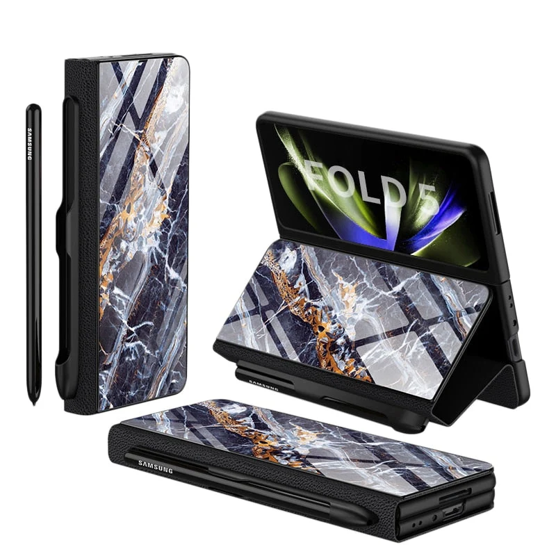 Skanto | Stoßfeste Armor Case Glasabdeckung Ständer Kartenfach Lederhülle für Samsung Galaxy Z Fold 5/4
