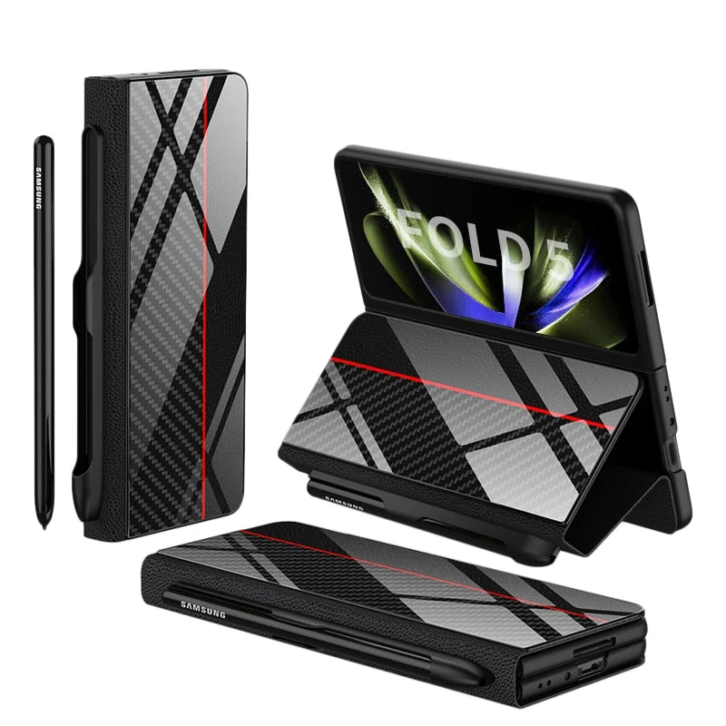 Skanto | Stoßfeste Armor Case Glasabdeckung Ständer Kartenfach Lederhülle für Samsung Galaxy Z Fold 5/4