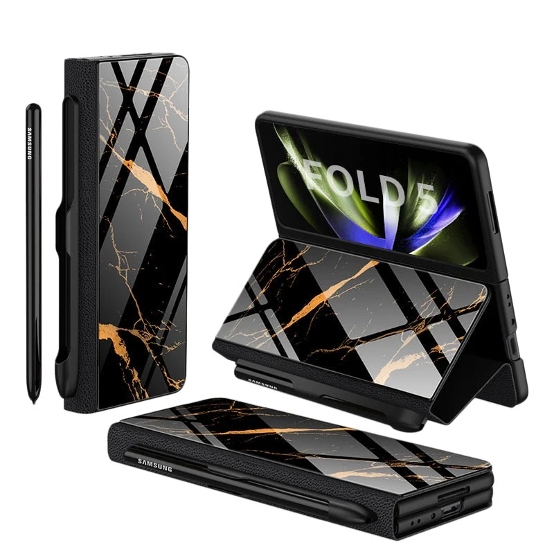 Skanto | Stoßfeste Armor Case Glasabdeckung Ständer Kartenfach Lederhülle für Samsung Galaxy Z Fold 5/4