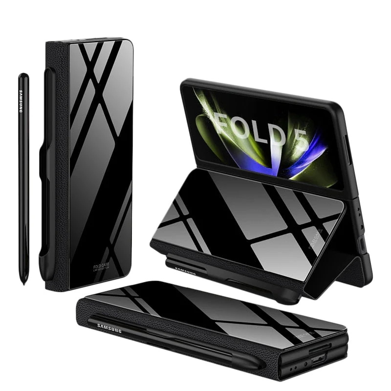 Skanto | Stoßfeste Armor Case Glasabdeckung Ständer Kartenfach Lederhülle für Samsung Galaxy Z Fold 5/4